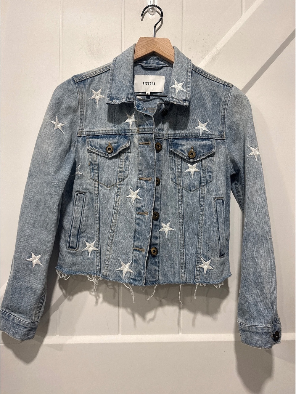 Pistola Women's Light Blue Denim Jacket with White Star Embroidery, Size S